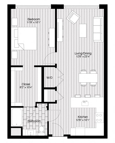 Floor plan for 1 bed, 1 bath, 877 sqft